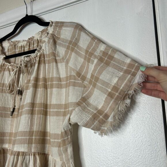 Pilcro Anthropologie Bette Beige Plaid Babydoll Linen Blouse Top size Small - Picture 5 of 7